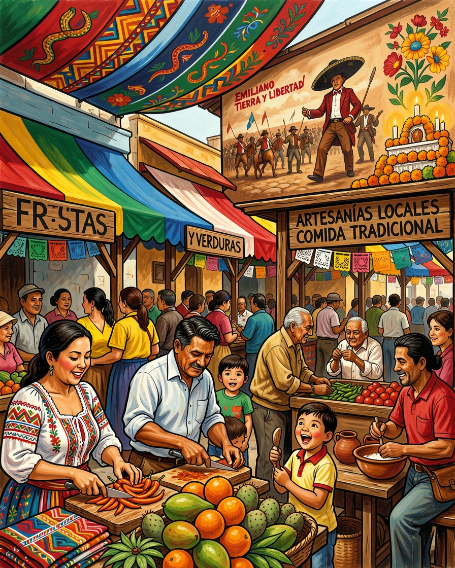 A busy market street filled with colorful awnings and stalls
