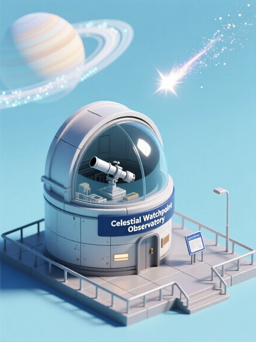 A space observatory dome tracking a comet streaking past a ringed planet in the distance.