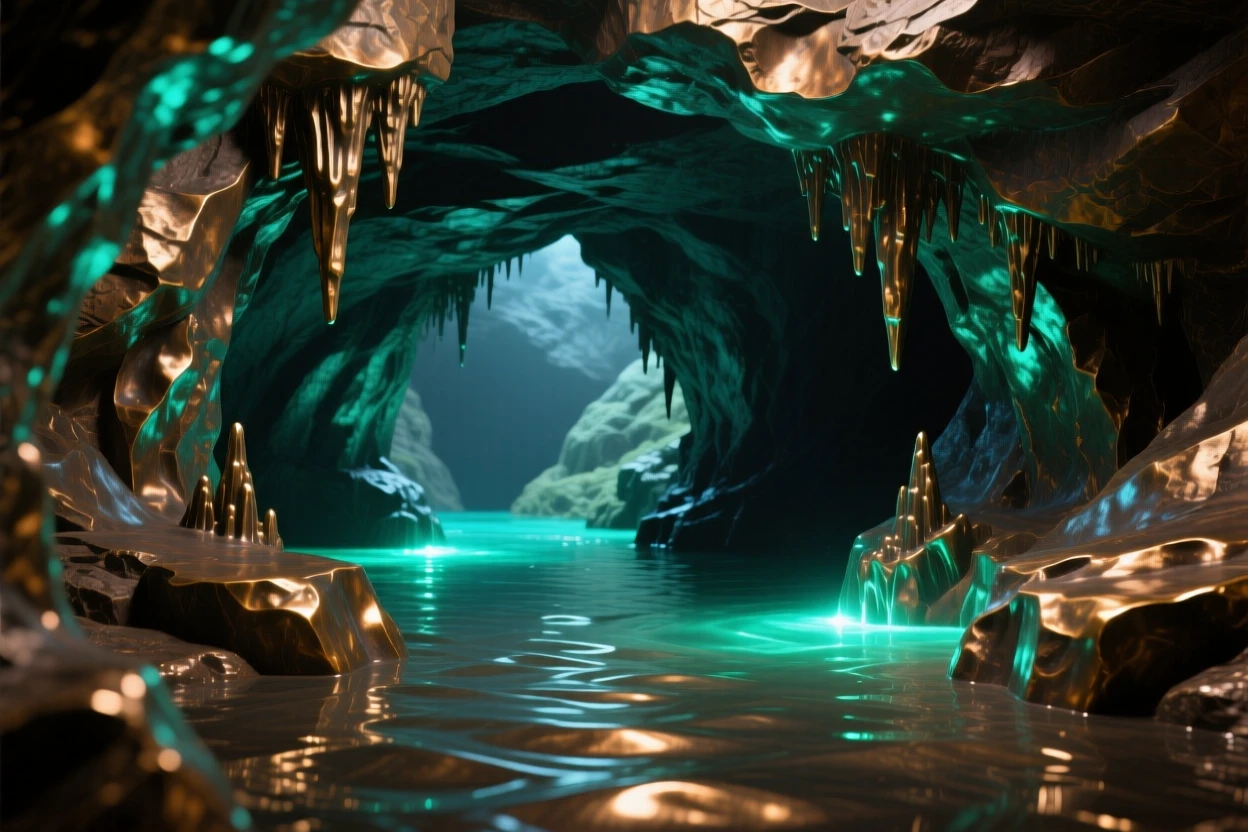 A hidden grotto with glowing bioluminescent water, with a striking sense of depth and distance, offering a breathtaking sense of place