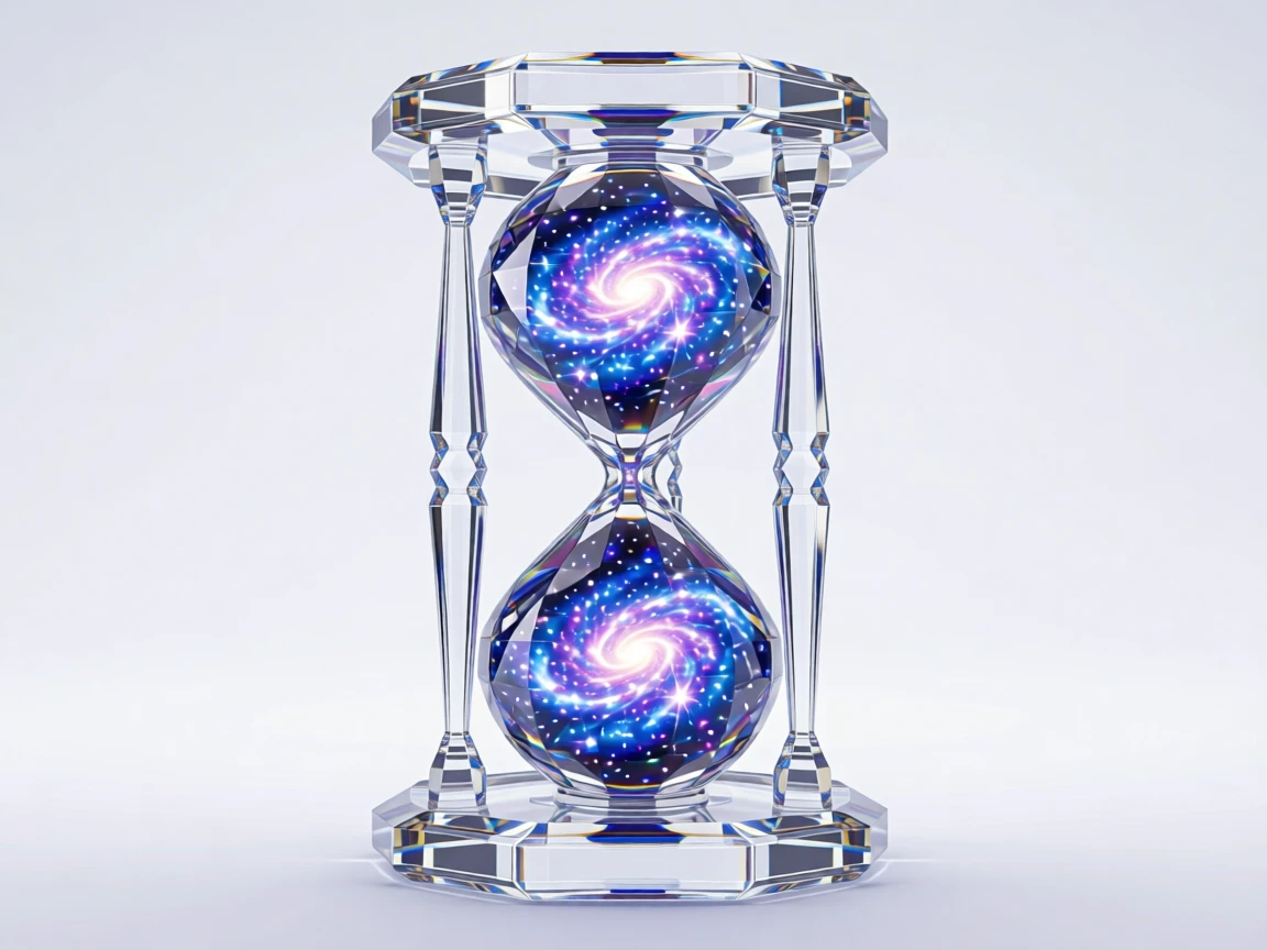A surreal hourglass with galaxies swirling inside instead of sand.