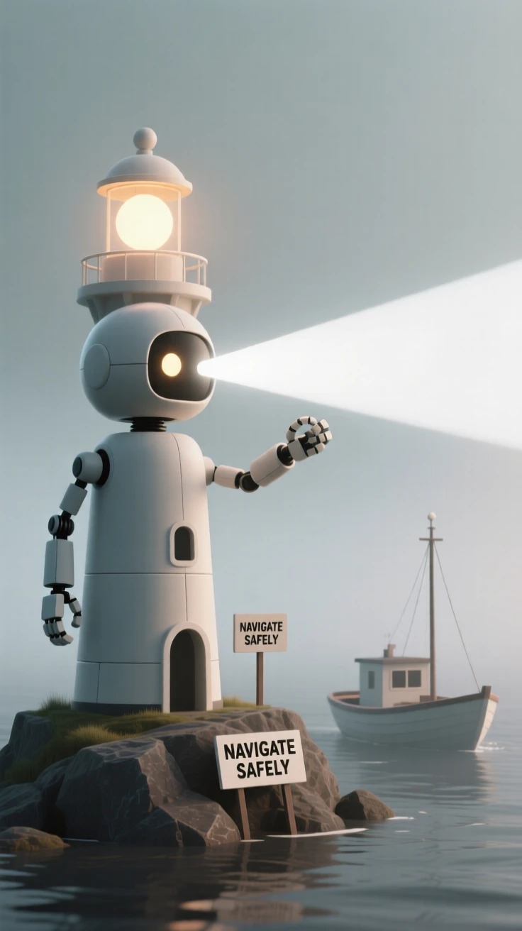 A brave lighthouse robot flashes a warning beam to guide a small fishing boat safely through fog.