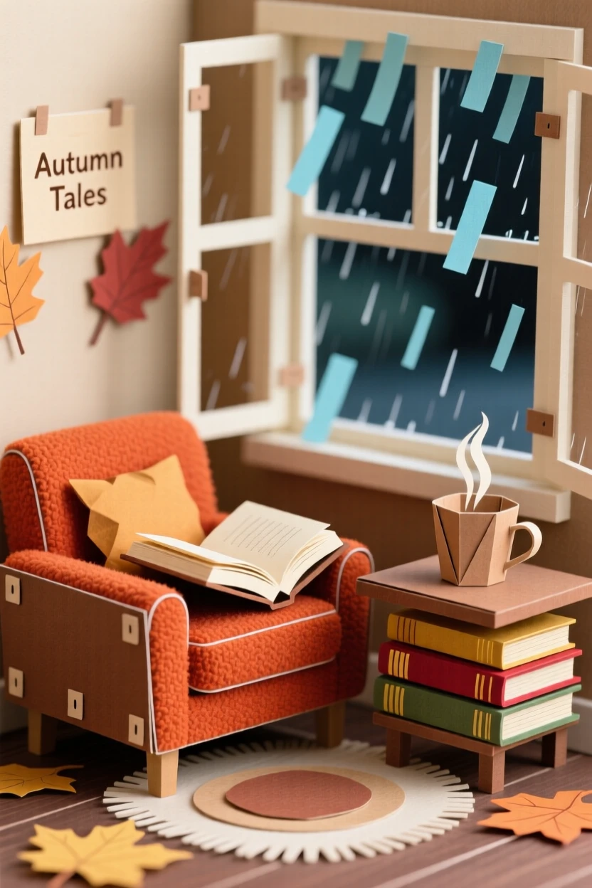 A cozy autumn evening reading corner framed by gentle falling rain, with soft natural textures throughout the scene, capturing quiet contentment.