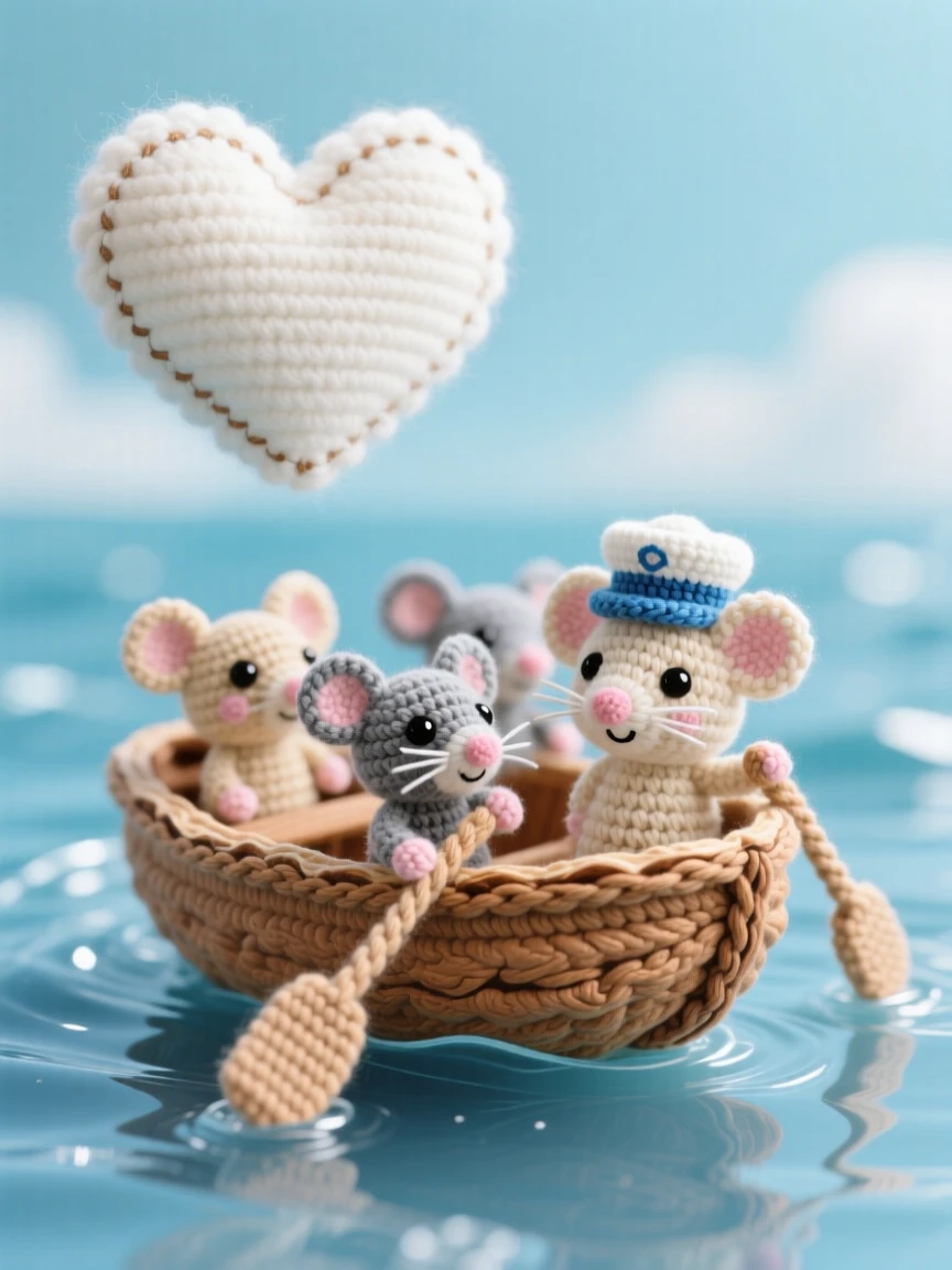 a tiny boat shaped like a walnut shell, sailing across a puddle-sized sea, carrying a small crew of mice, perched above a calm and glassy sea, with a single drifting cloud shaped like a heart, evoking gentle magical wonder.