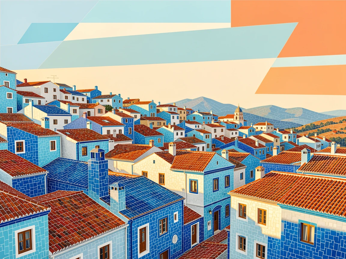 A breathtaking wide-angle view of the vibrant rooftops of Chefchaouen's blue-painted streets, with rich warm lighting and fine architectural detail.