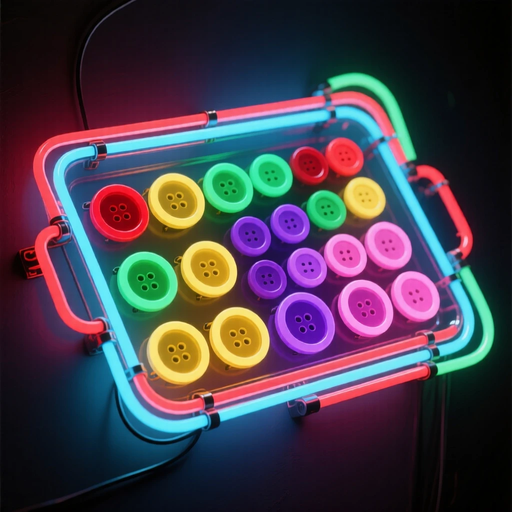 A tray of colorful buttons sorted by size and shape.