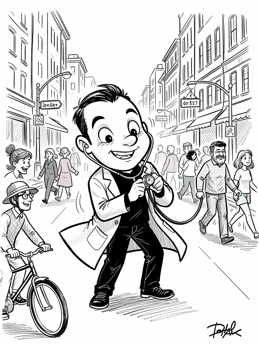 A doctor listening to a heartbeat with a stethoscope at a busy street crossing.