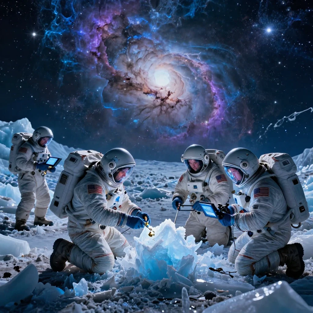 A crew of engineers collecting samples from an alien surface within a vast icy nebula