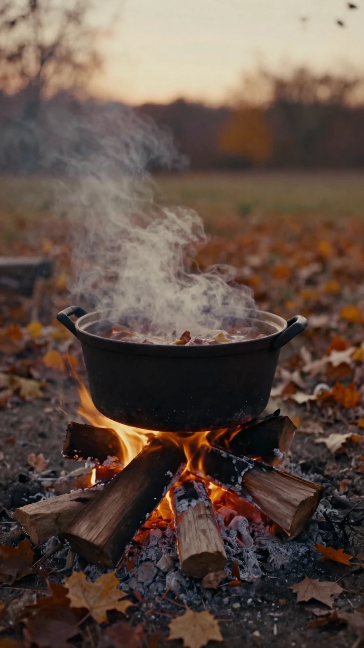 A pot of stew simmering gently over an open hearth fire, in the last light of dusk, as heat shimmers over the ground, in late autumn, with a soft sepia-tinted glow, from a wide establishing view.
