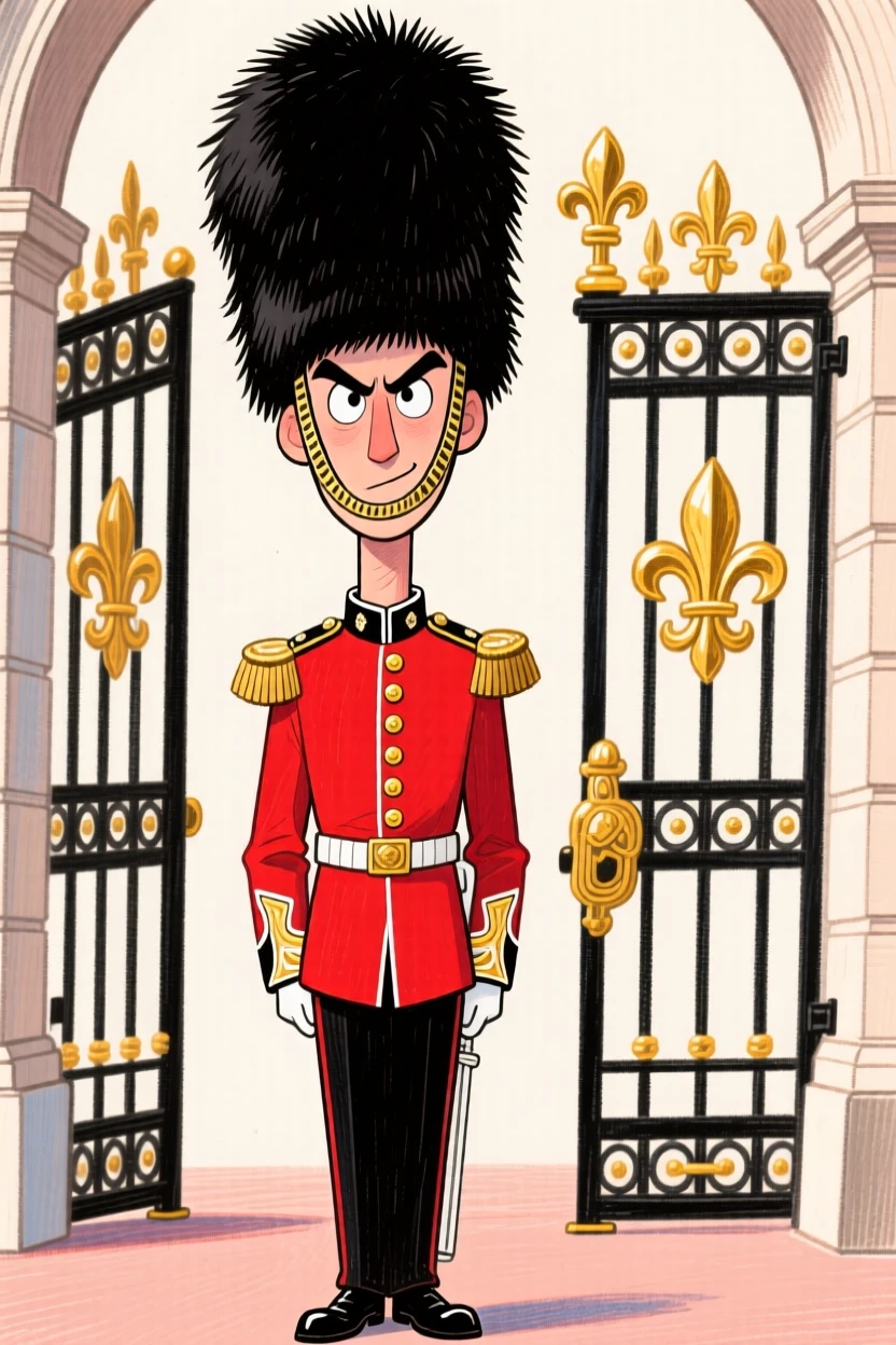 A royal guard standing perfectly still in ceremonial uniform outside a palace gate.