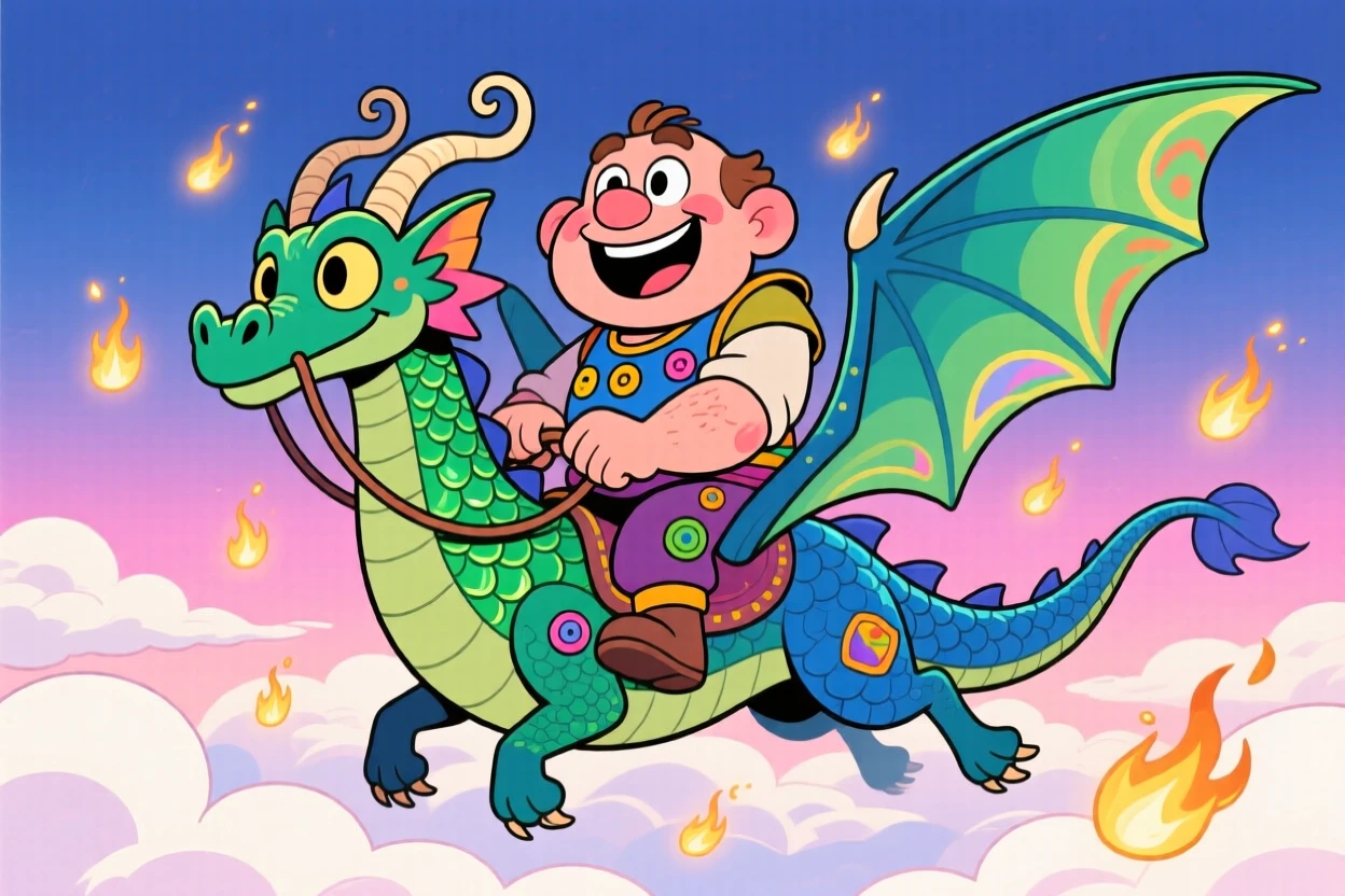 An imaginative fantasy scene of a friendly giant soaring above the clouds on the back of a magnificent dragon, surrounded by drifting glowing embers.