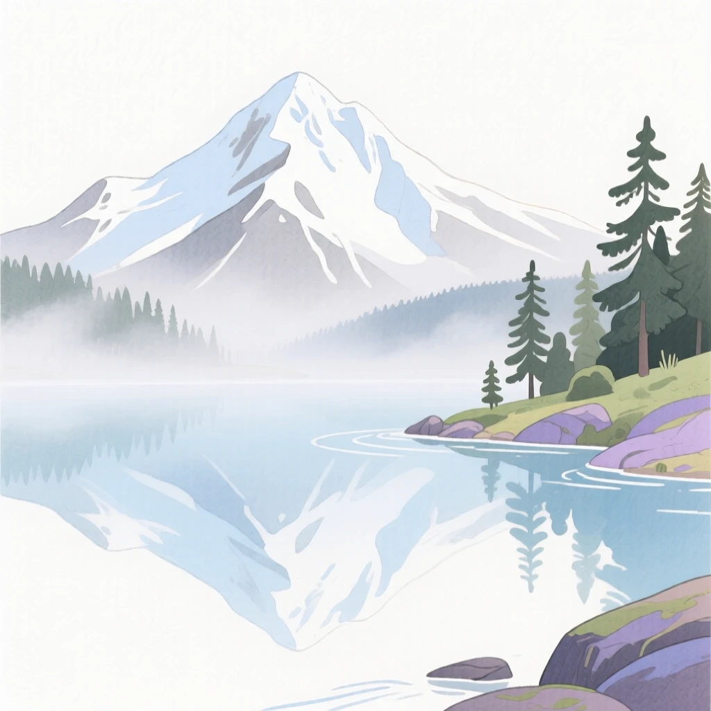 A serene landscape of a snow-capped mountain reflected in a still alpine lake wrapped in gentle mist