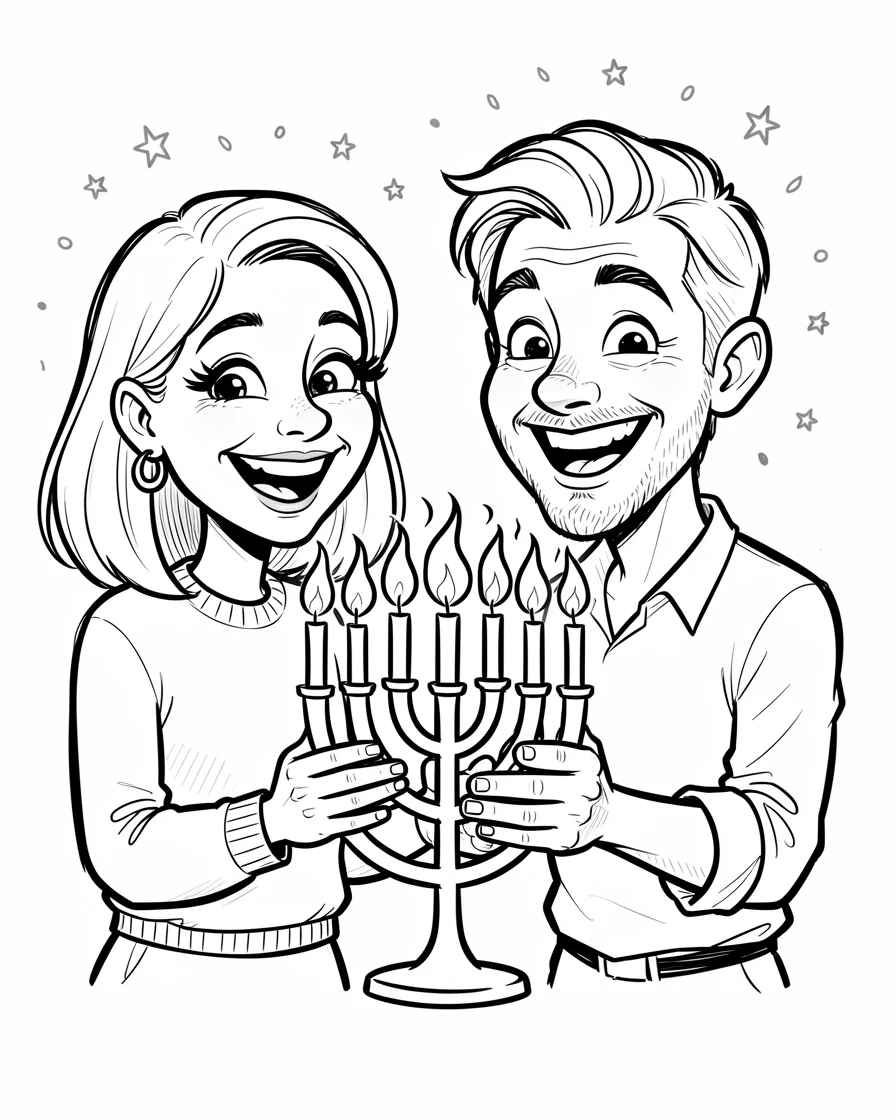 [Seasonal Holidays & Celebrations] Festive scene of a festive couple lighting a menorah together, full of celebration and joy