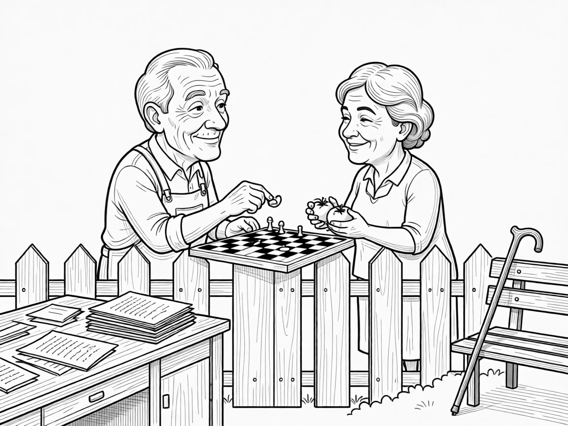 An elderly gardener sharing tomatoes over the fence with a neighbor, sliding a checker piece across the board with a triumphant wink, set at a cluttered desk covered in essays. A cane leans against a nearby bench, momentarily forgotten. The scene radiates hard-won wisdom shared with love.
