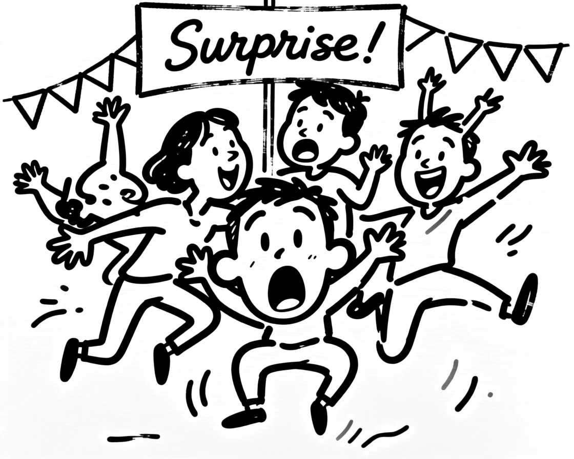 A surprise party moment with friends jumping out and a birthday person's shocked, delighted face.