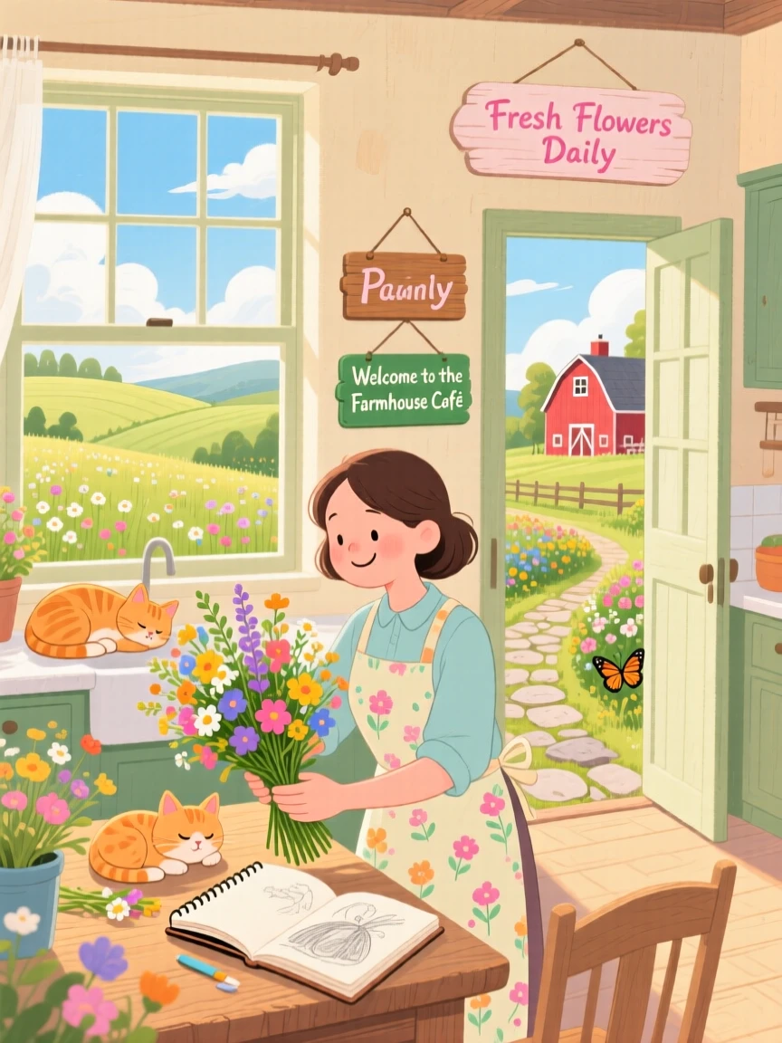 A florist arranging a bouquet spends the morning sketching the view from a café window in a countryside farmhouse kitchen, while a cat naps in a sunny doorway.