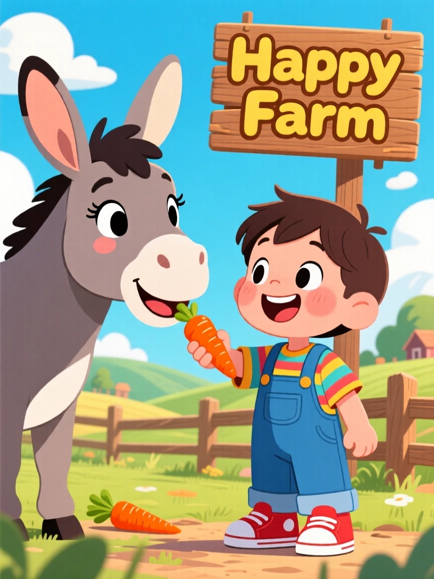 A child feeding carrots to a friendly farm donkey.