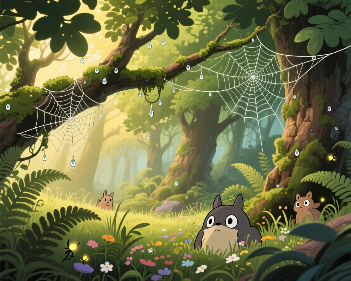 An ancient forest where sunbeams filter through dense canopy, dew clinging to spiderwebs strung between branches, creating a scene of quiet natural magic.