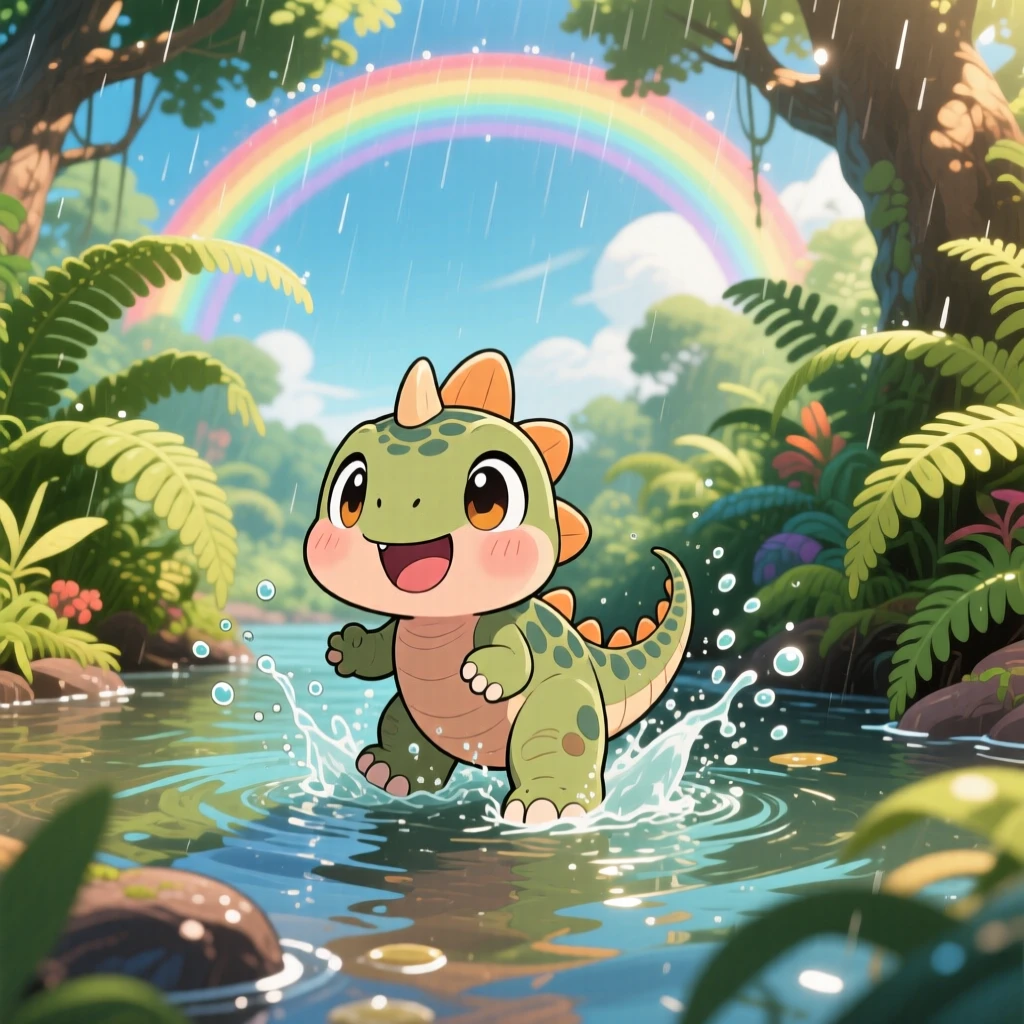 A baby stegosaurus splashing through a shallow prehistoric river, framed as a worm's-eye view within a fern-covered riverbank, under a rainbow after the rain, glowing under dappled sunlight through a canopy, evoking curious excitement.