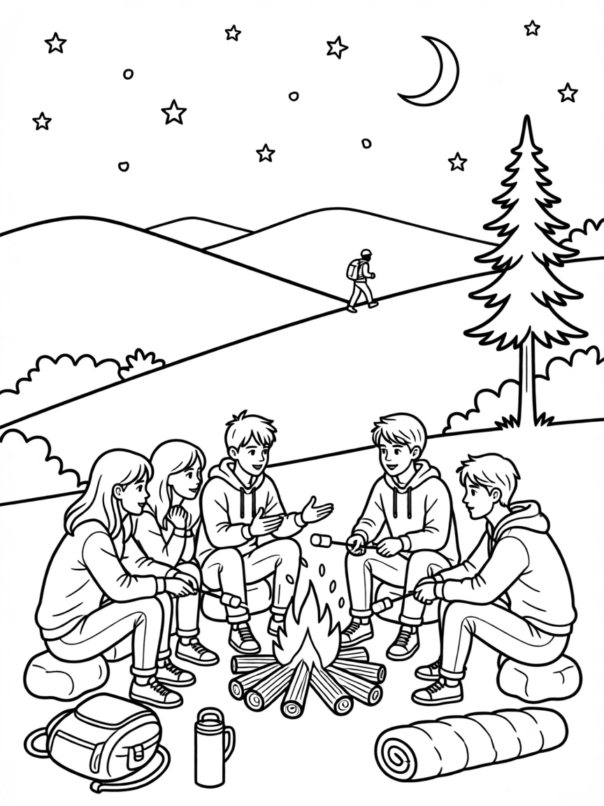 A campfire circle with friends telling stories under the stars, with a distant figure hiking along a ridge.