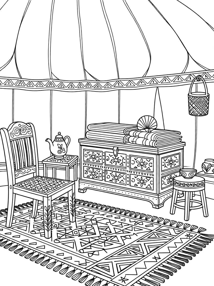 A traditional tent interior with painted wooden furniture.