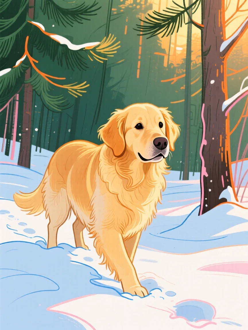 A golden retriever exploring in a snowy pine forest during golden hour.