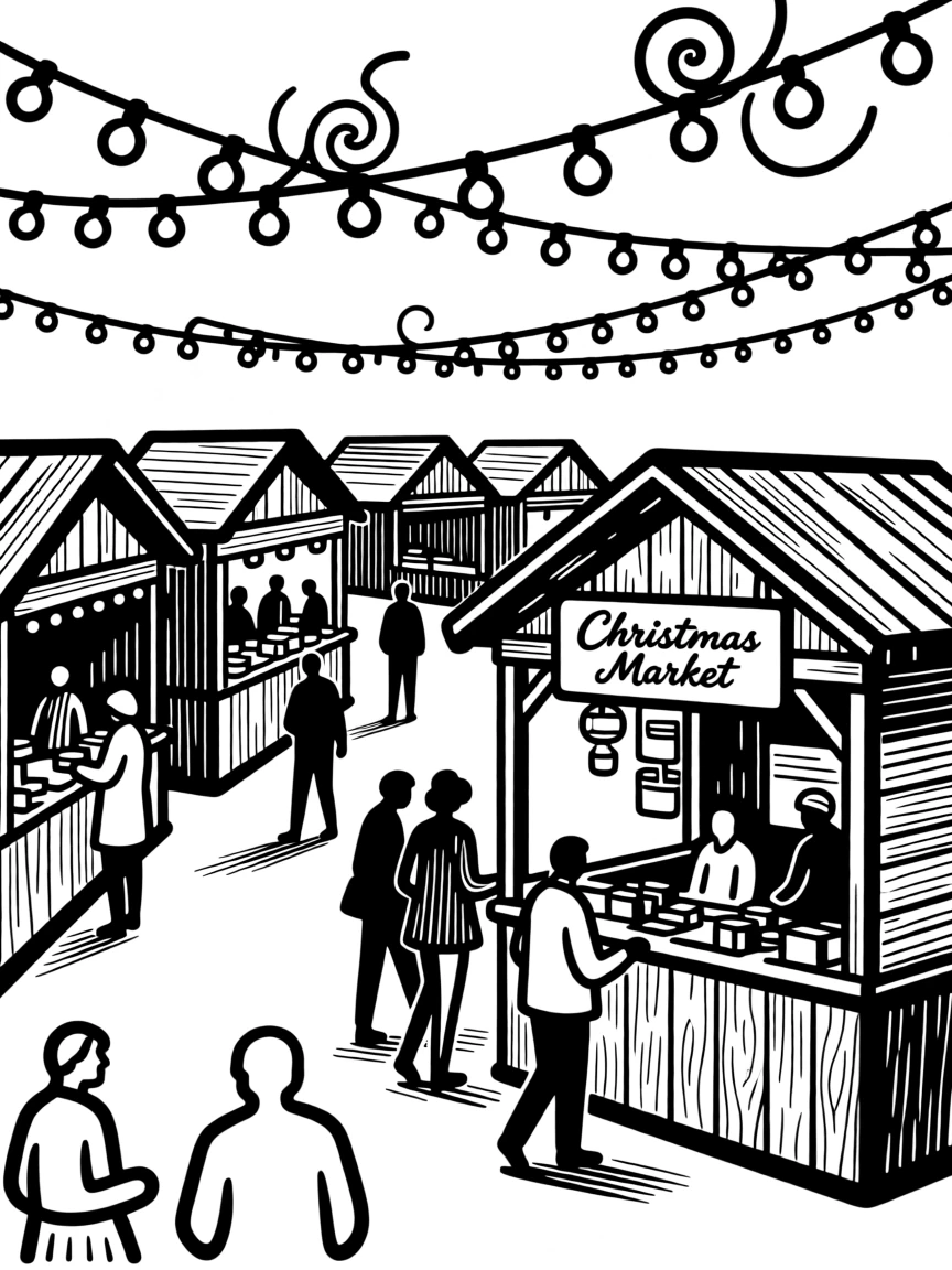 A Christmas market filled with twinkling lights and wooden stalls.