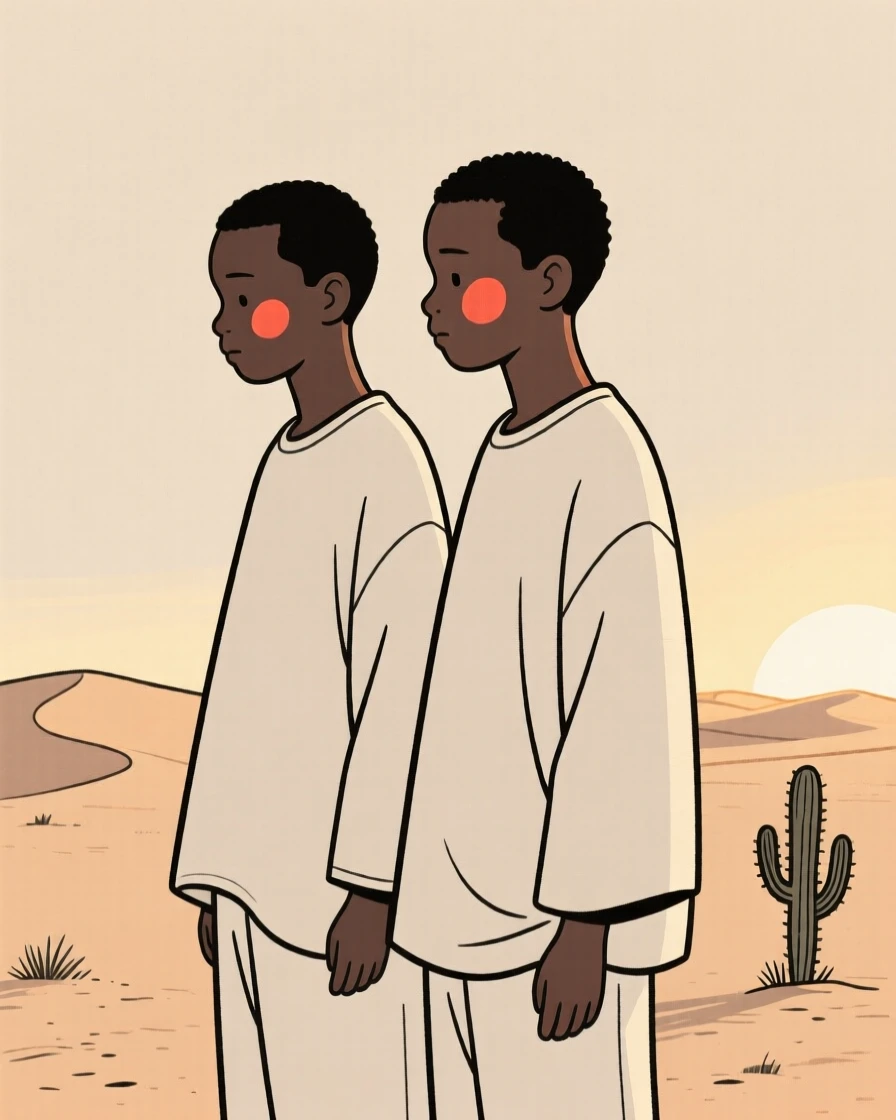 Twin brothers of Kenyan heritage, lost in quiet contemplation, in a desert at golden hour.