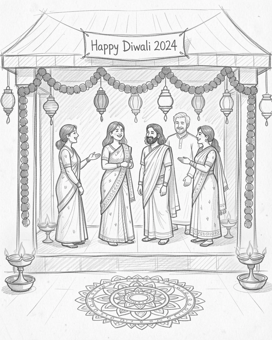 A Diwali celebration with glowing oil lamps, on a decorated porch, with an atmosphere of celebration and togetherness.