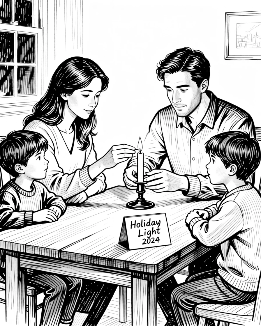 A family lighting candles together during a peaceful holiday gathering.