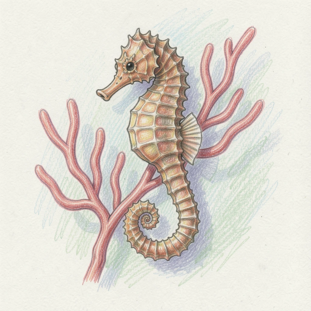 A seahorse curled around a strand of swaying coral, with a gentle play of light and shadow across the composition, evoking nostalgia and a deep sense of contentment.
