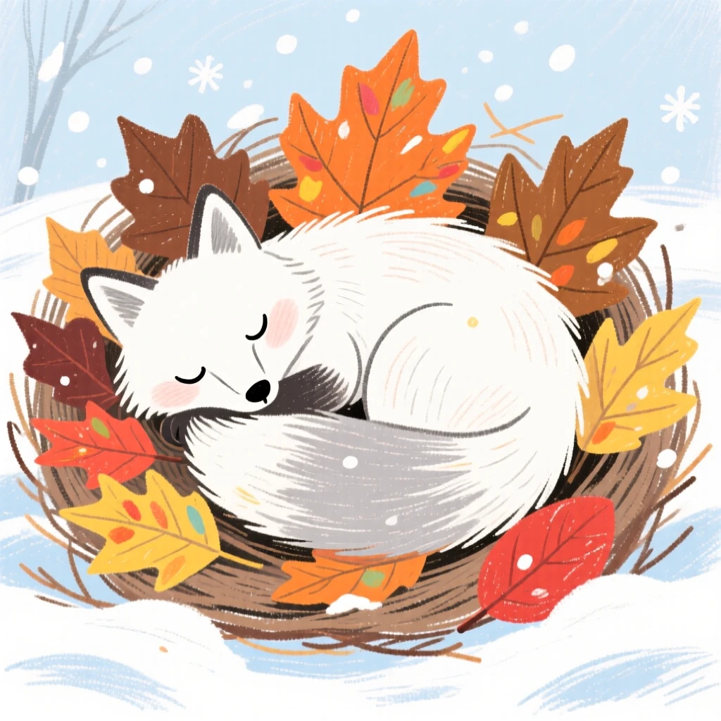 A snowy fox curling up in a nest of dry leaves for winter.
