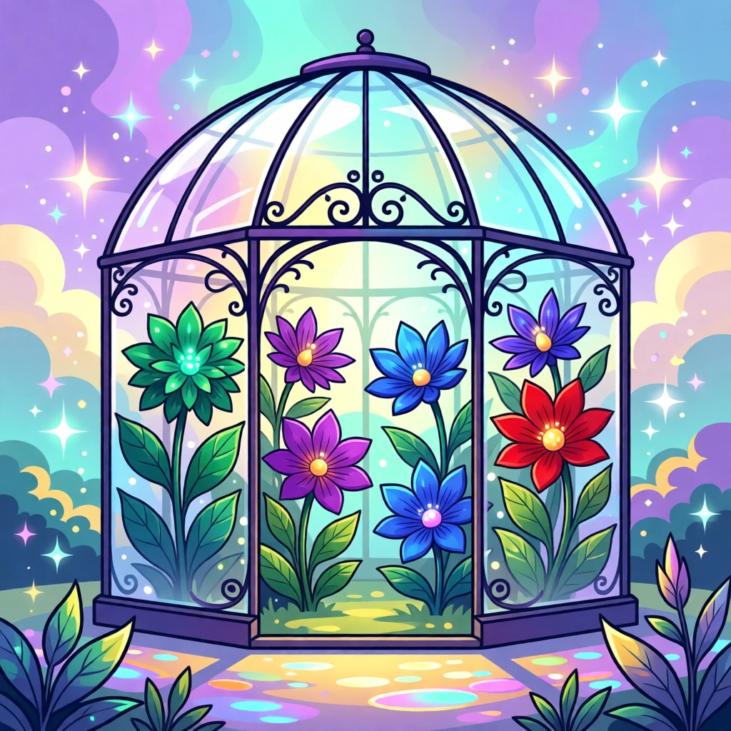 A magical greenhouse filled with glowing otherworldly flowers, set within a mystical realm glowing with soft magical light, arranged with soft sparkles and glowing highlights throughout, with rich jewel tones that evoke wonder and imagination.