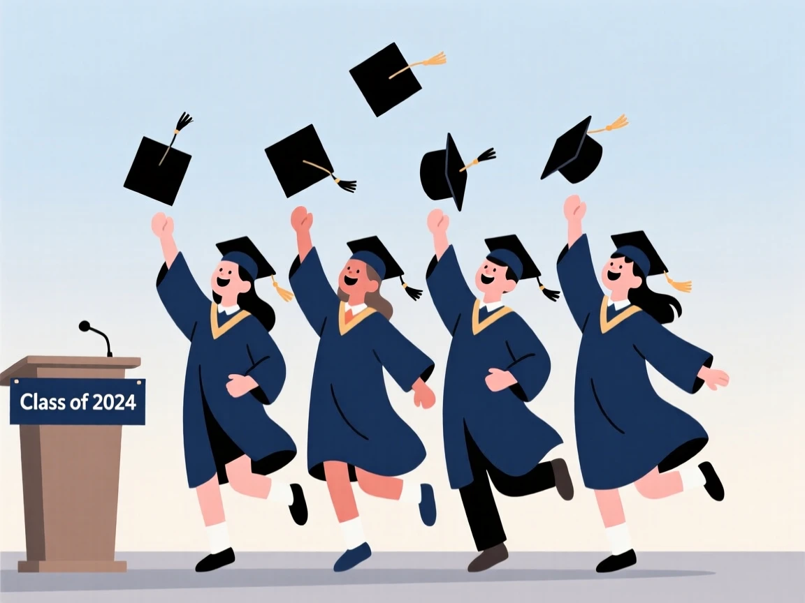 A graduation ceremony with students tossing their caps into the air.