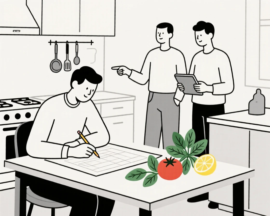A designer at a drafting table collaborating with colleagues in a bustling professional kitchen, near fresh ingredients, full of quiet dedication.