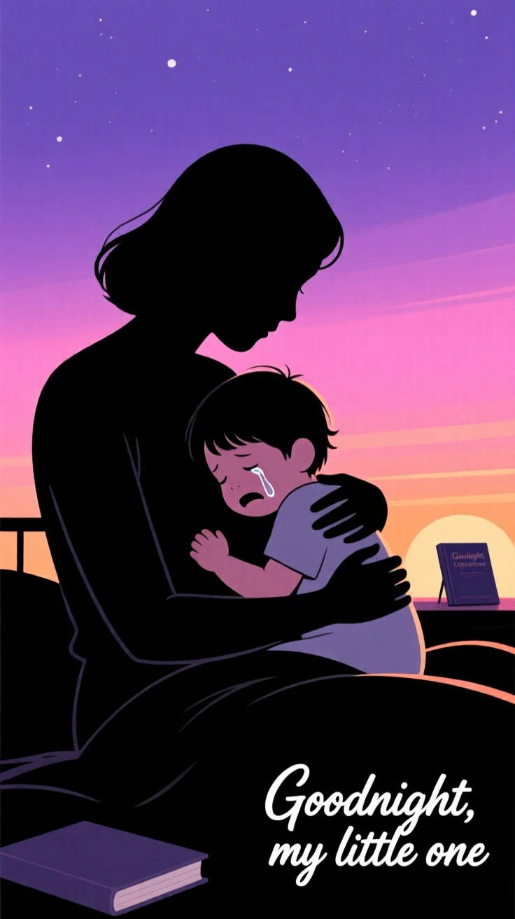 A mother comforting her crying child with a gentle embrace at bedtime.