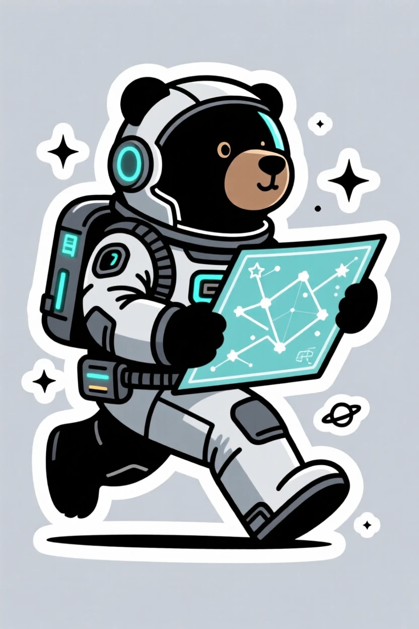 A charmingly futuristic galactic explorer bear holding a star map, caught mid-action with dramatic energy, during a thrilling made-up quest.