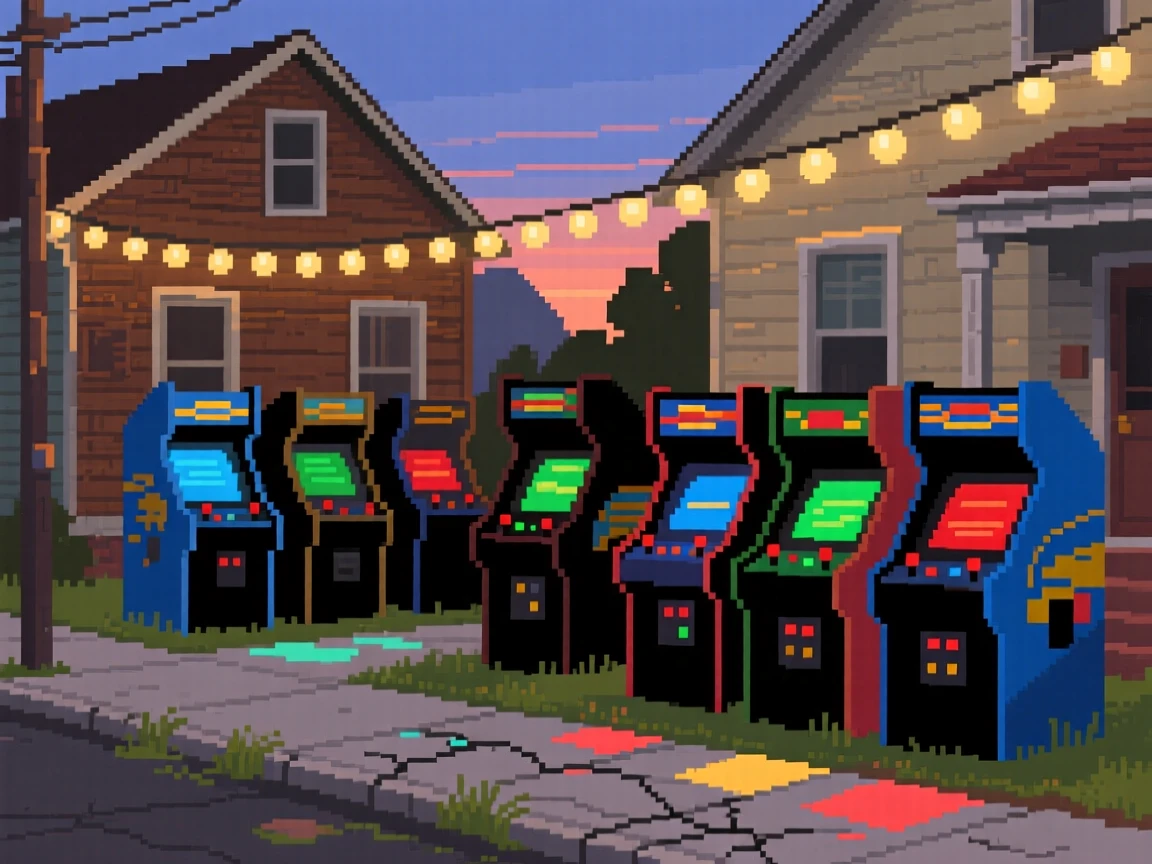 A classic arcade with rows of glowing machines lit by string lights strung between houses, on a neighborhood sidewalk lined with old houses.