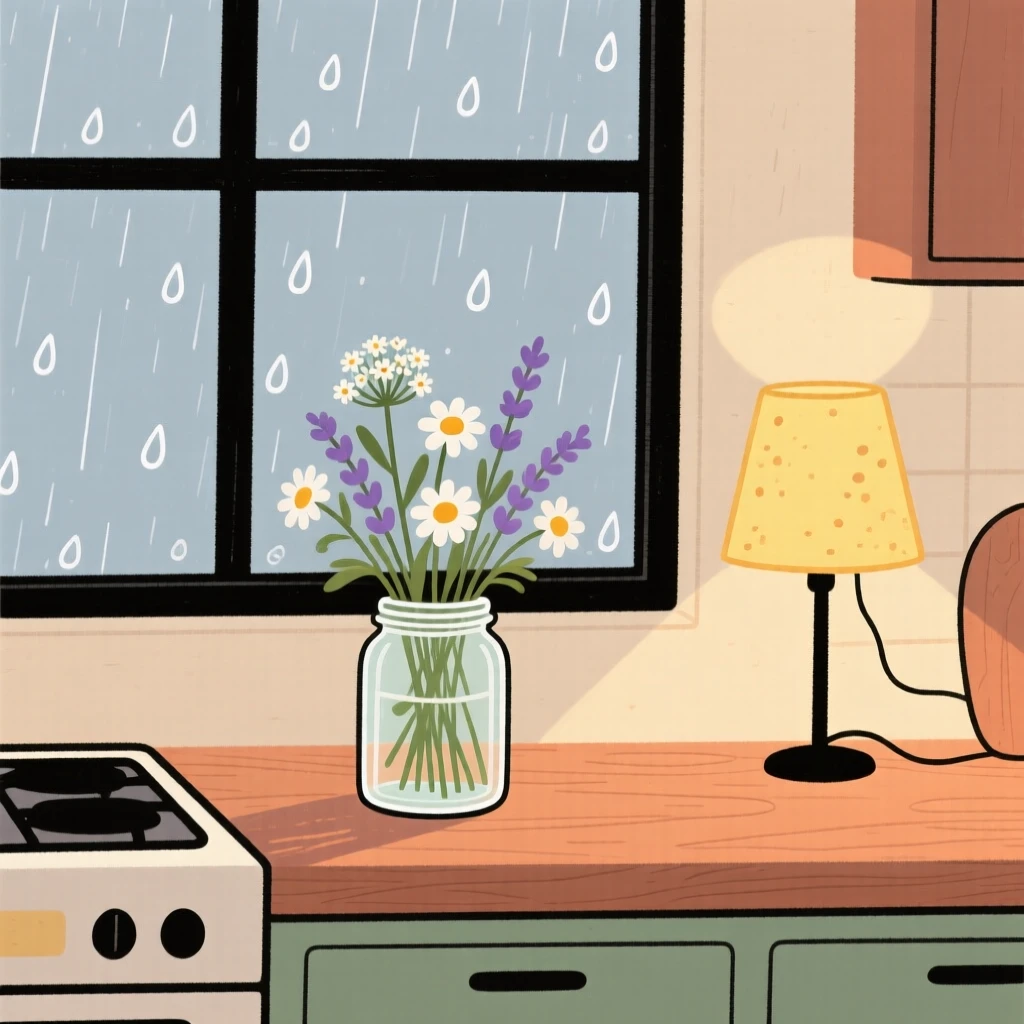 A kitchen counter holds a simple arrangement of fresh-cut wildflowers in a glass jar, lit softly by the glow of a nearby lamp beside a rain-speckled pane.