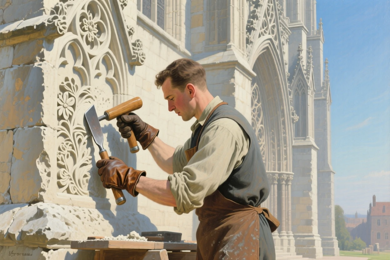 A well-framed scene of a stonemason carving intricate details into a cathedral façade, in the 1940s, under a clear blue sky.