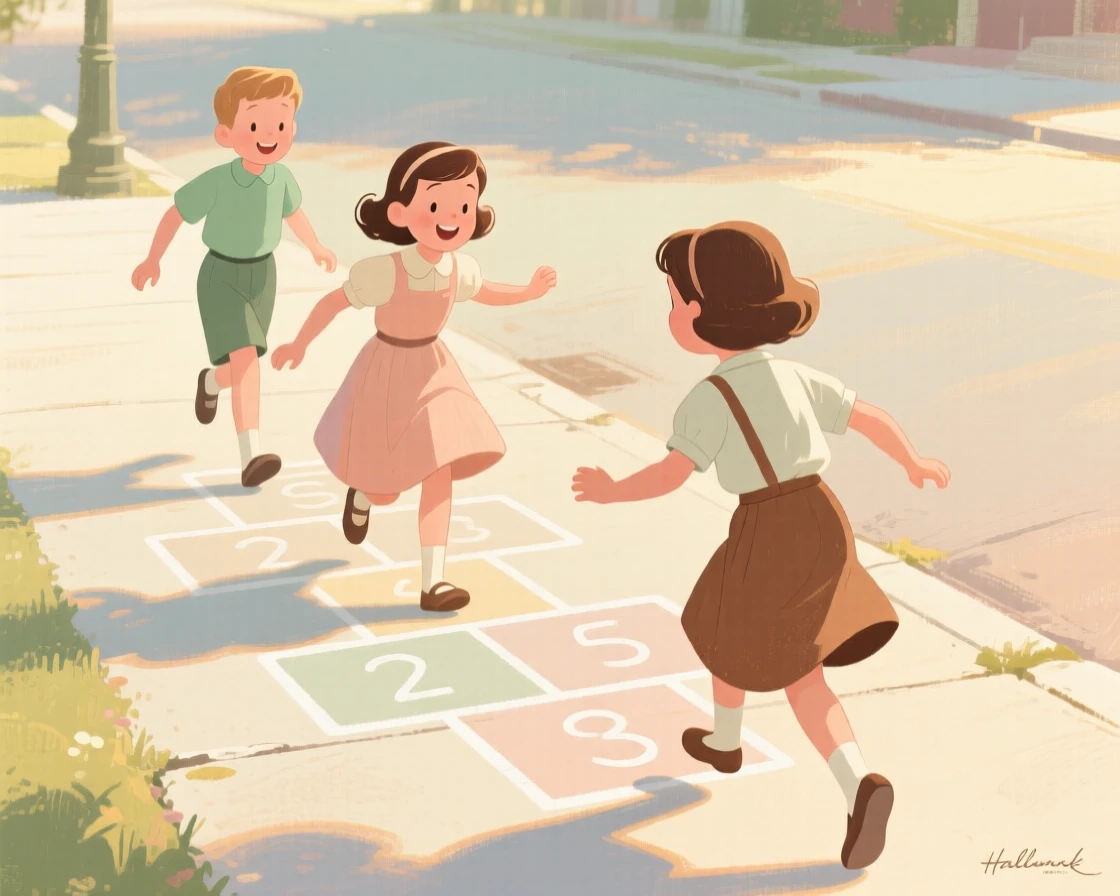 Children playing hopscotch on a sunny sidewalk