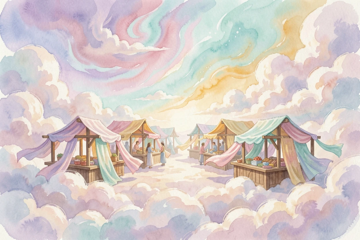 A magical marketplace floating on clouds under a sky full of swirling colors.