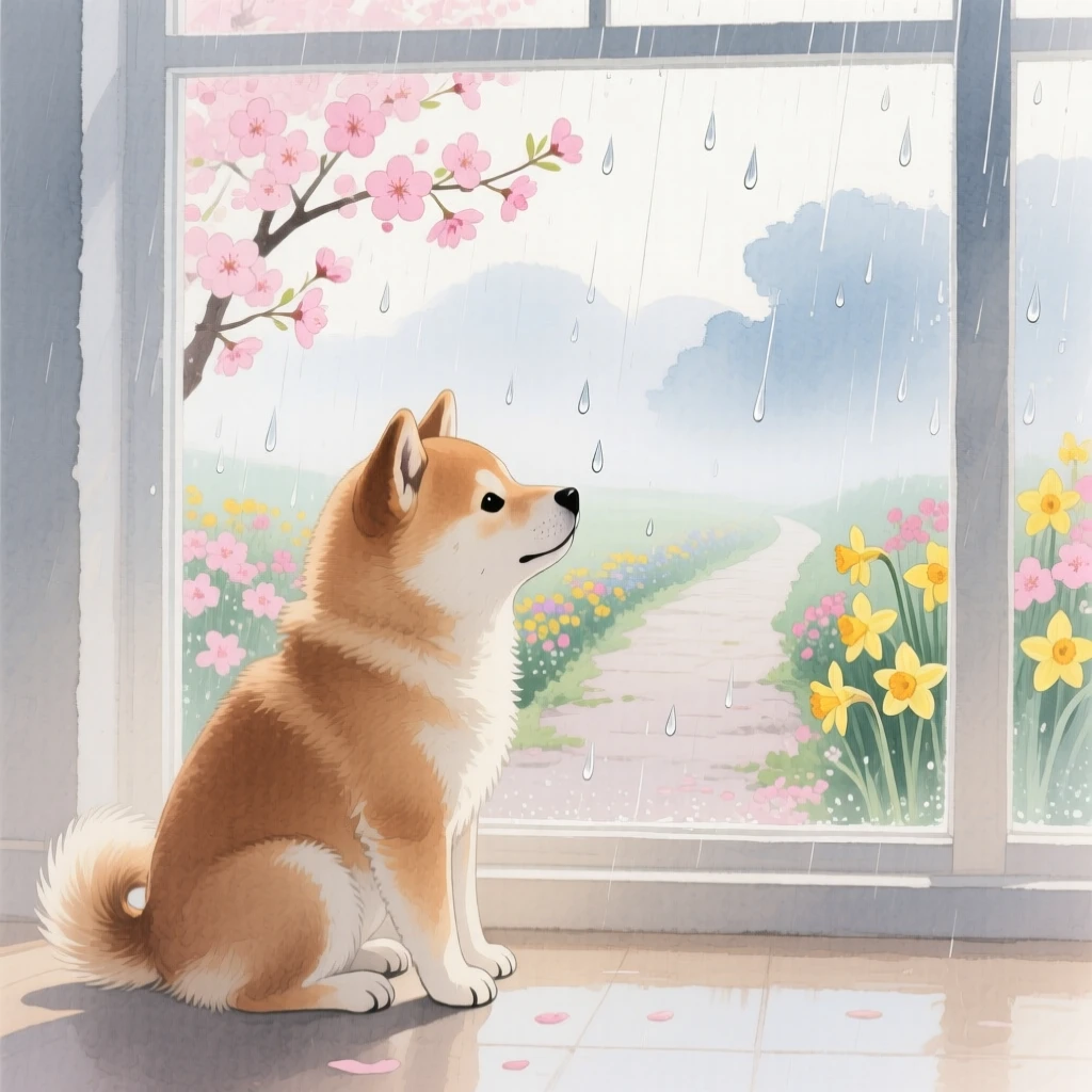 A Shiba Inu puppy watches raindrops on a window in a blooming garden path, as morning mist rises in the background