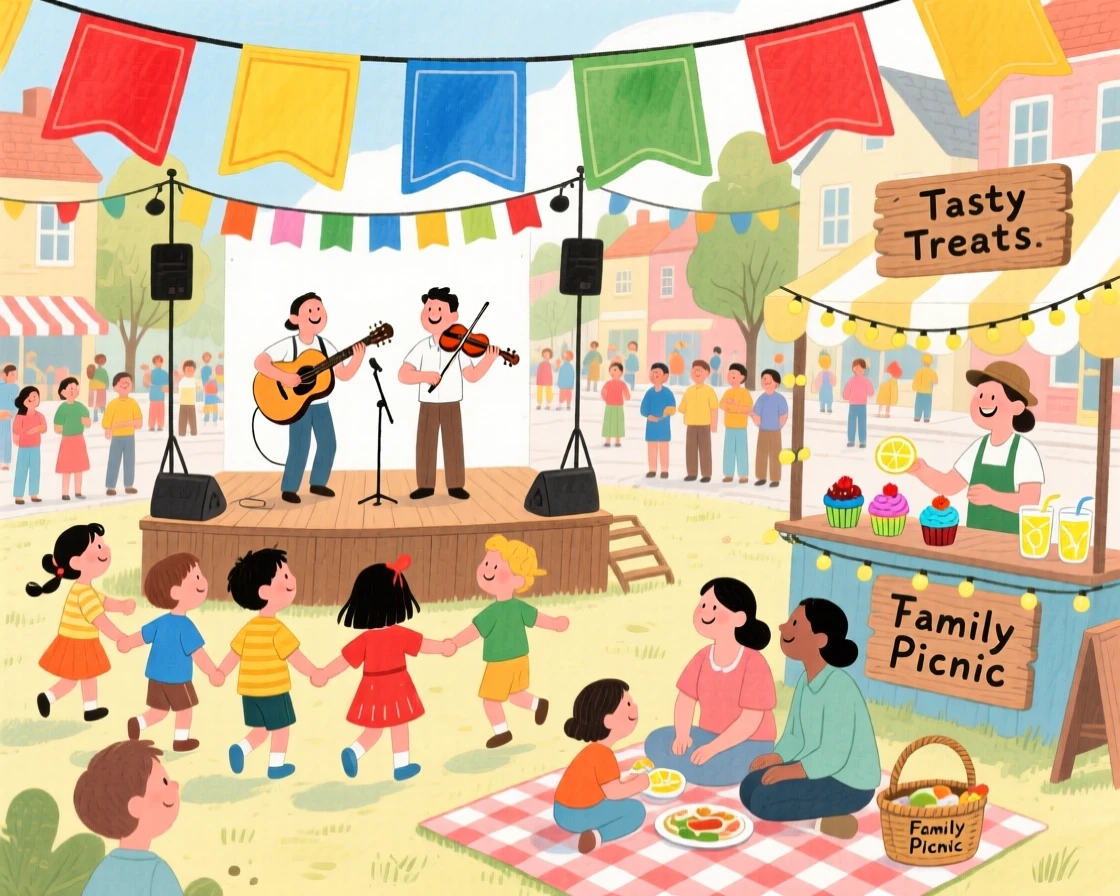 A heartwarming moment showing a community festival with music and colorful banners.
