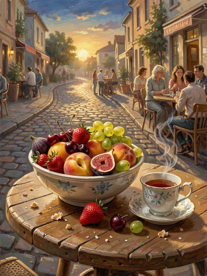 A bowl of vibrant, ripe summer fruit, at an outdoor cafe table overlooking a cobblestone street, steam rising gently into the air, during a cozy evening gathering.