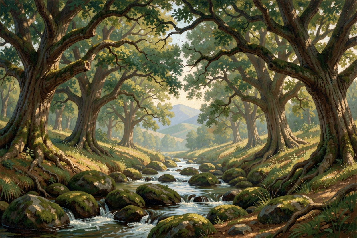 A stream trickles over mossy stones beneath a canopy of oak trees.