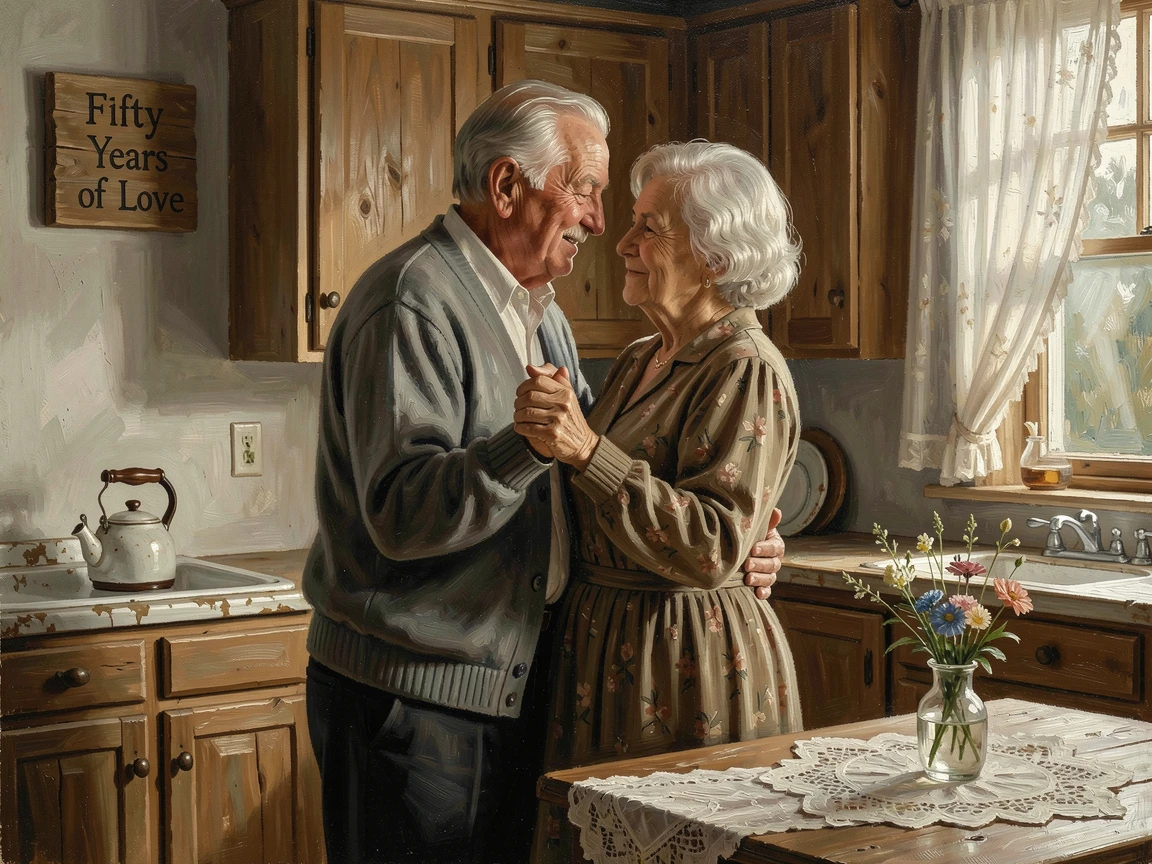 An elderly couple slow dancing together in their kitchen after fifty years of marriage, as the moment feels both deeply personal and universally relatable, offering a genuinely moving and unforgettable emotional moment