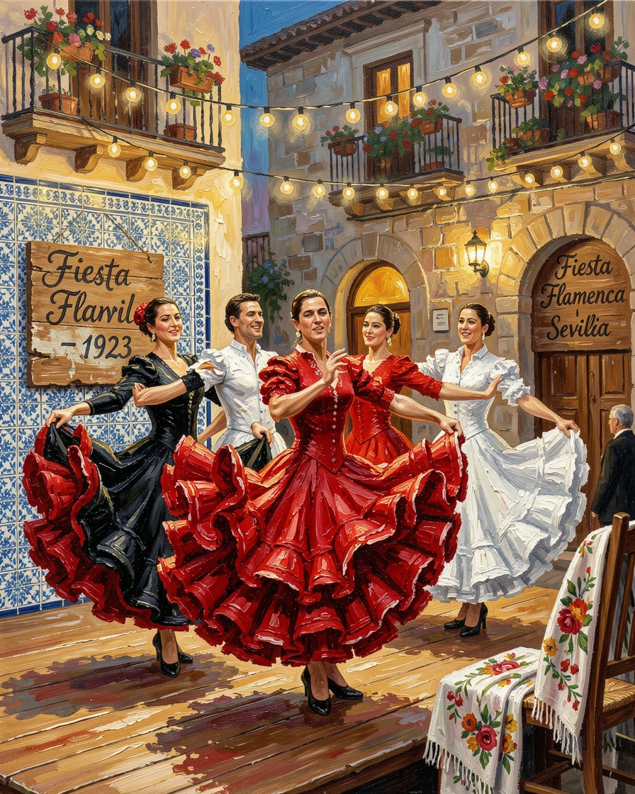 A traditional Spanish flamenco festival shows dancers in ruffled dresses performing passionately on an outdoor stage beneath string lights, small cultural details woven throughout the scene, grounding it in a specific time and place.