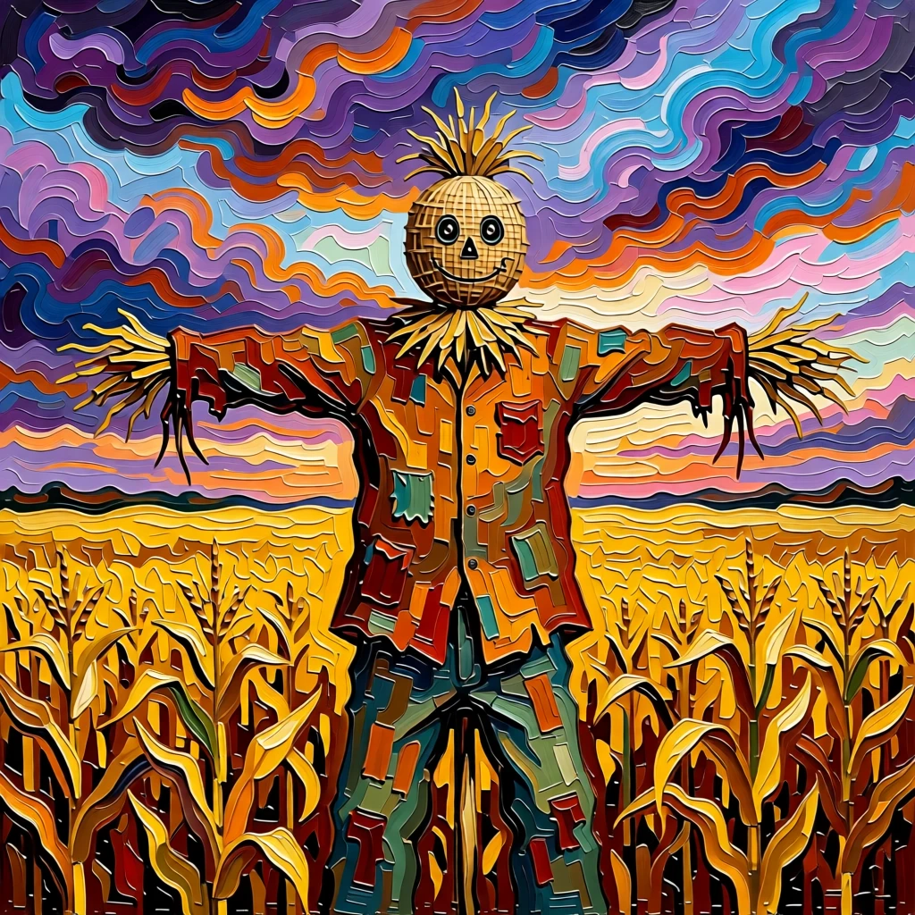 A scarecrow standing watch over a golden cornfield under a dramatic autumn sky