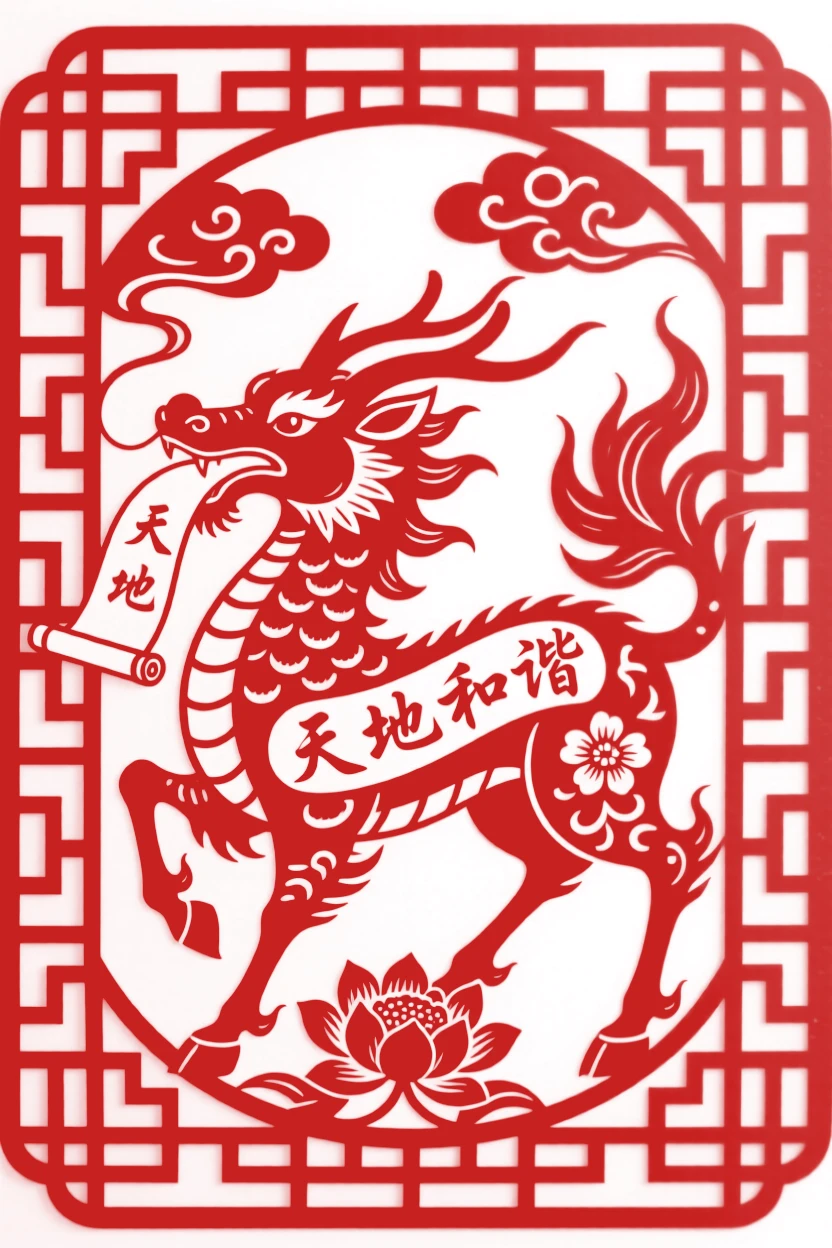 A qilin bearing a scroll, framed by a symmetrical lattice of key-fret patterns, representing harmony between heaven and earth.