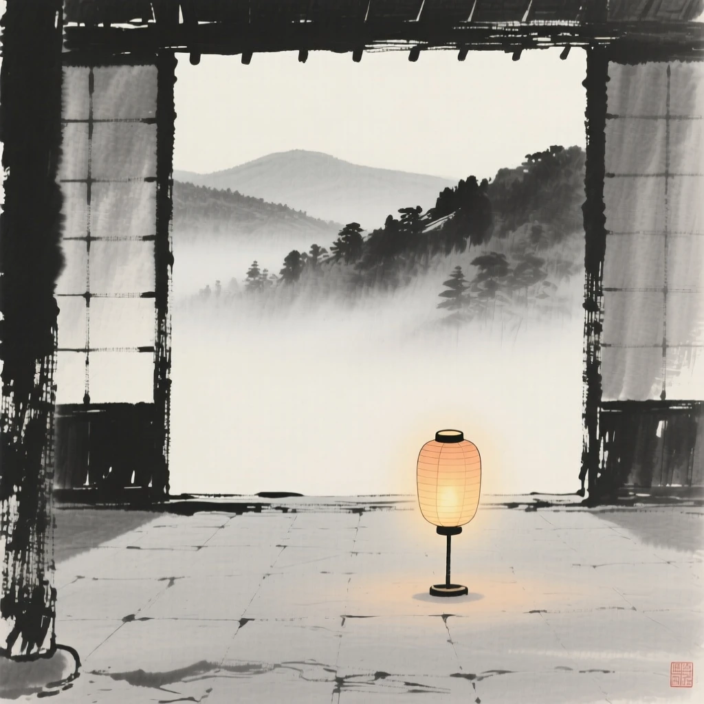 A single lantern glowing in an empty courtyard as mist slowly lifts from the valley, balanced with a single small detail against a quiet backdrop, capturing a fleeting, meditative moment of peace.